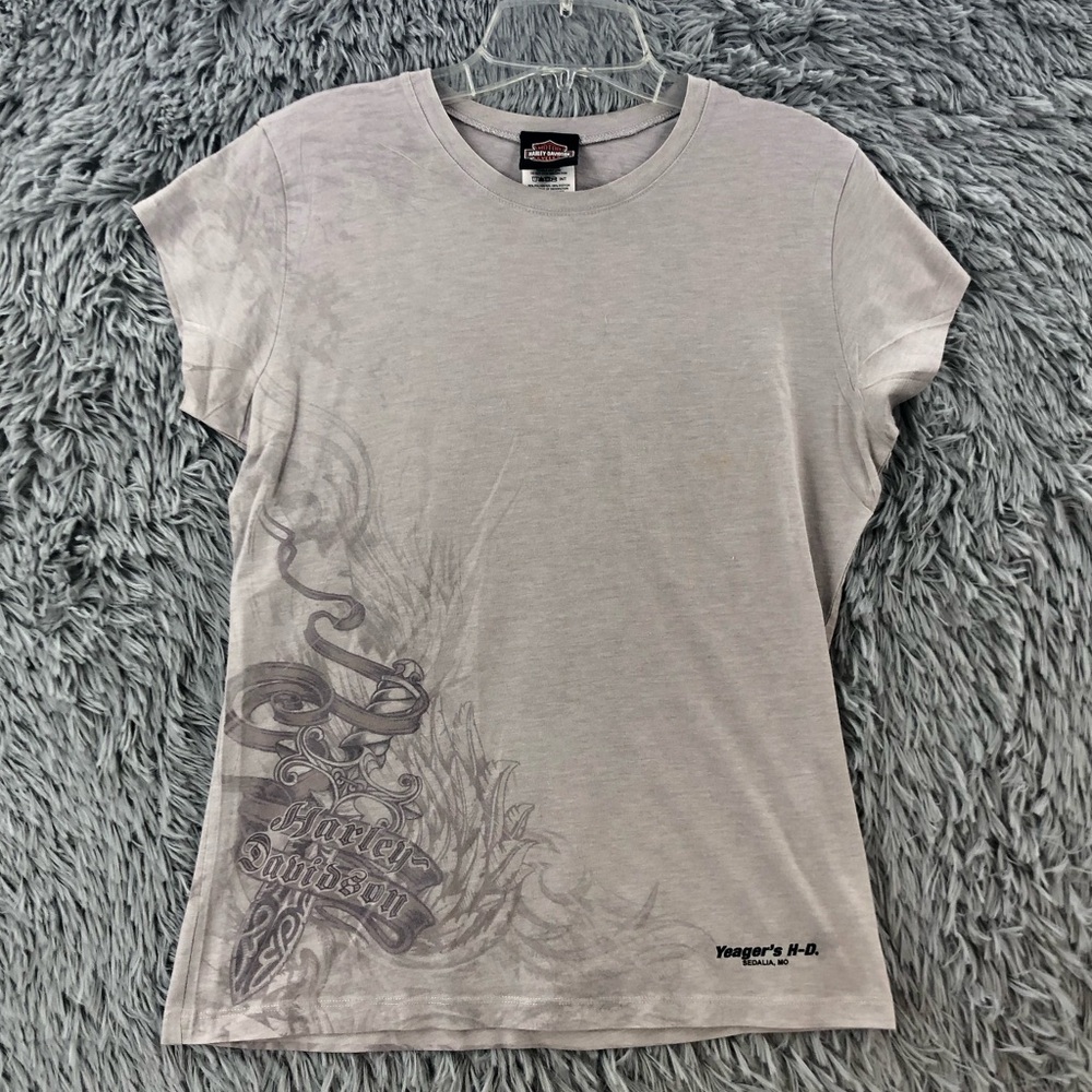 Harley Davidson Tshirt Motorcycle Sword Spellout Wings Womens XL Gray Biker